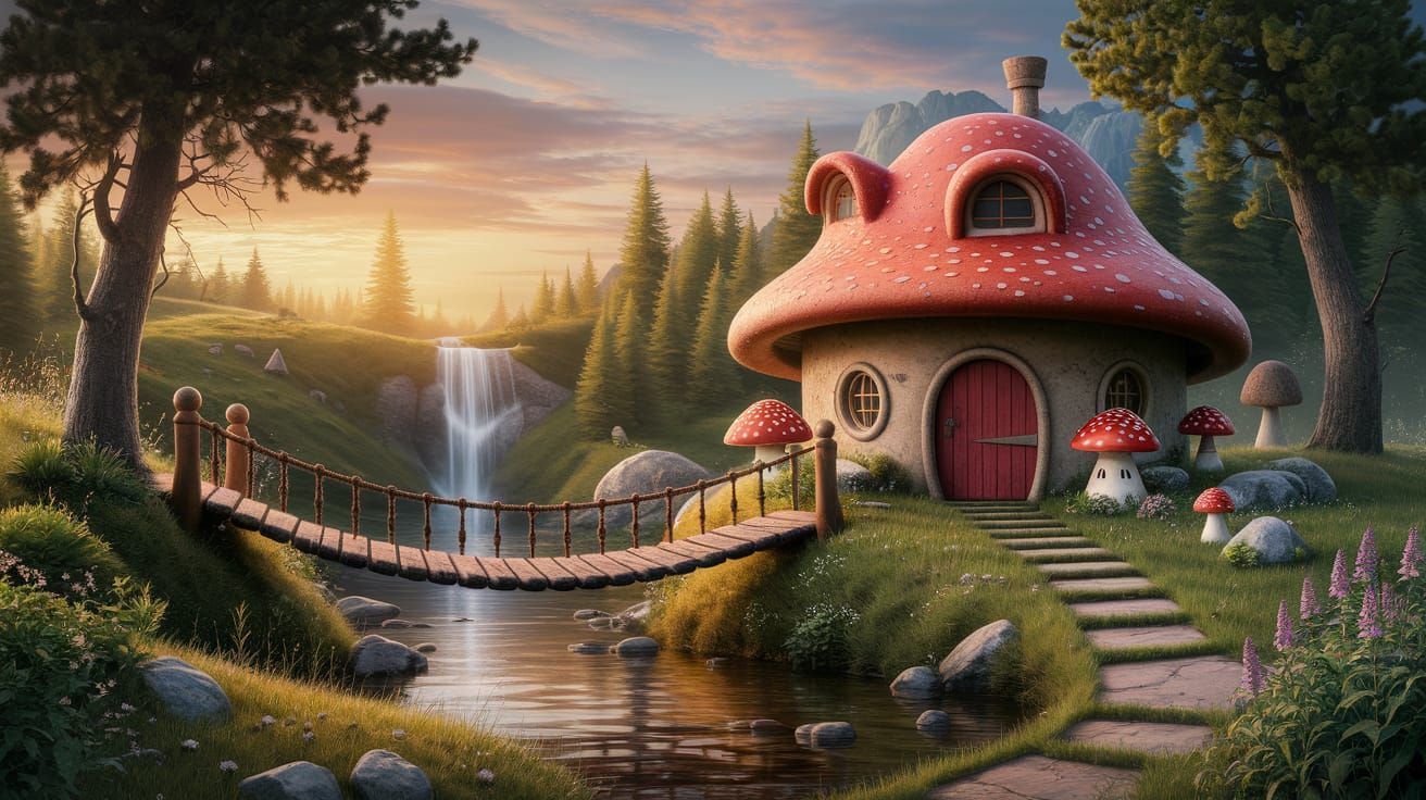 Magical Sky Path and Mushroom House in Sunset
