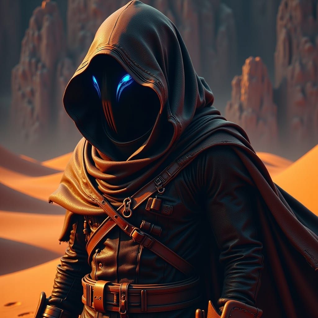 Fremen Warrior in Stillsuit with Glowing Blue Eyes