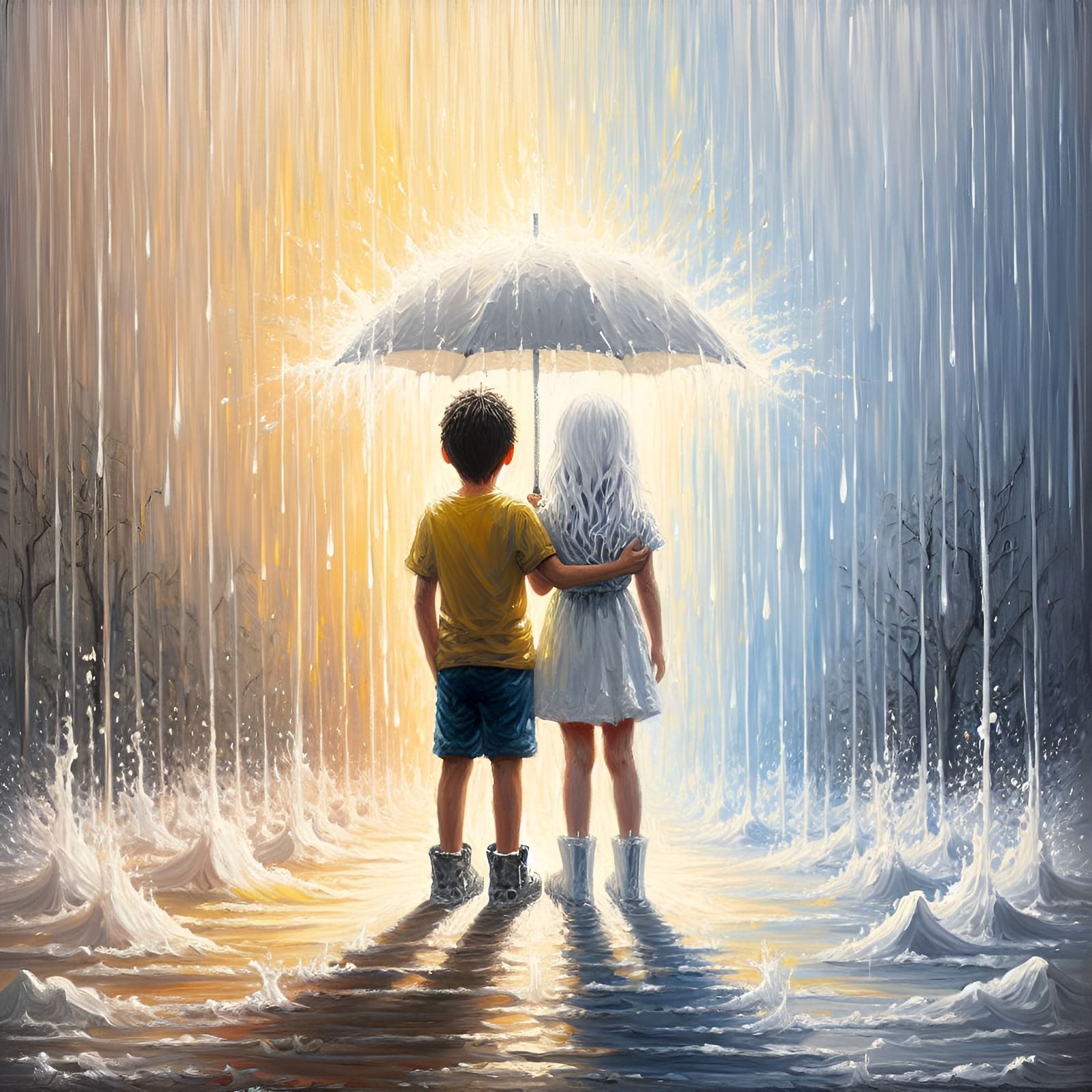 Children in Sunny Rain: An Oil Portrait