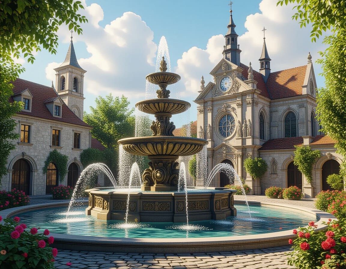 Baroque Fountain Beside Ancient Church in Matte Painting Sty...