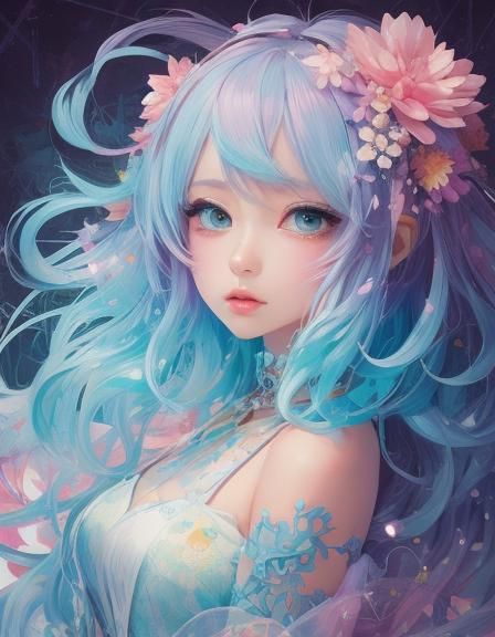 Pastel Girl Surrounded by Flowers in Dreamcore Style