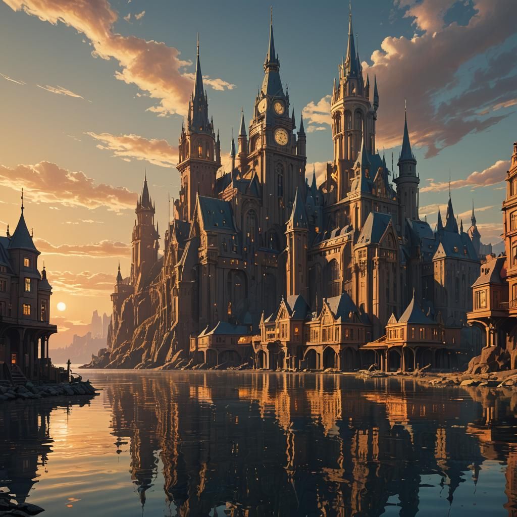 Futuristic City on Water at Sunset: Digital Matte Painting