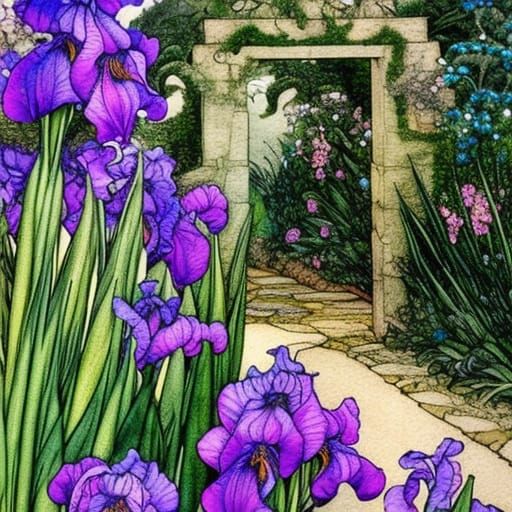 Intricate Garden Path with Irises in Watercolor Style