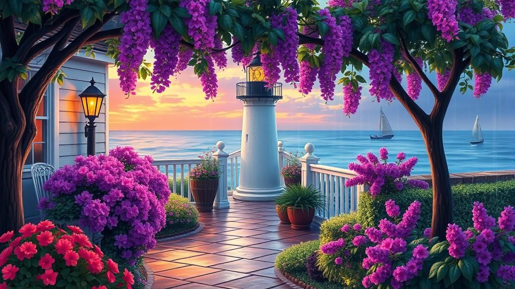 Serene Garden with Distant Lighthouse in Kinkade Style
