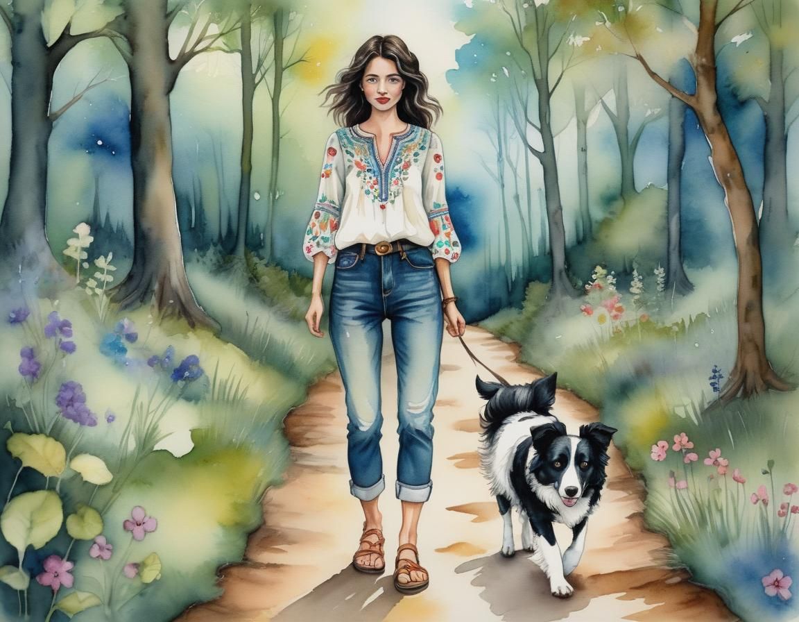 A whimsical woman walking down a wooded path, with her border collie, towards the viewer wearing an embroidered blouse j...