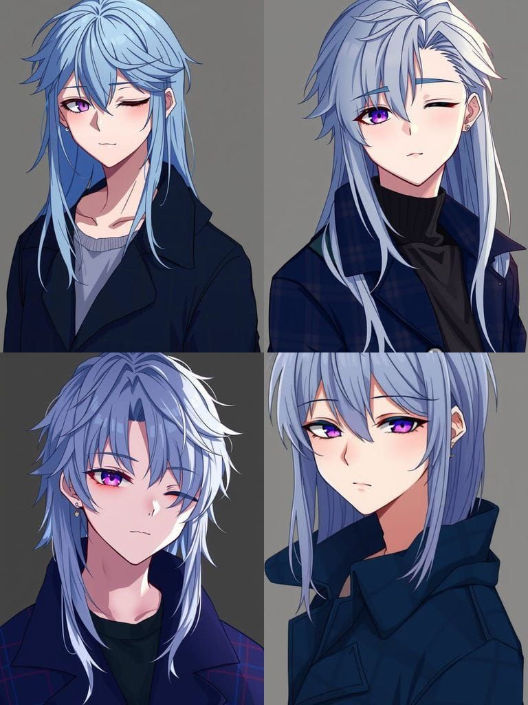 Teenage Boy in Navy Blue Plaid Coat with Vibrant Purple Eyes