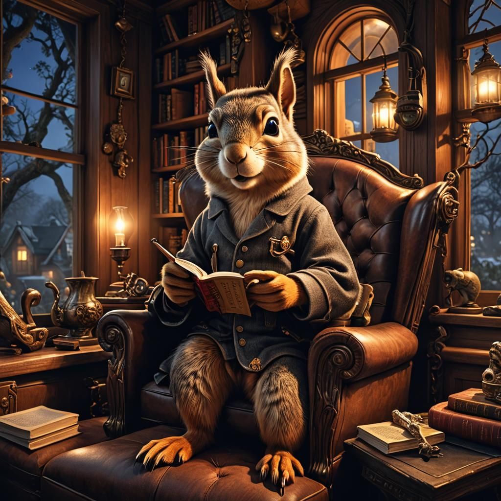 Hyperrealistic Squirrel Reading in Cozy Treehouse