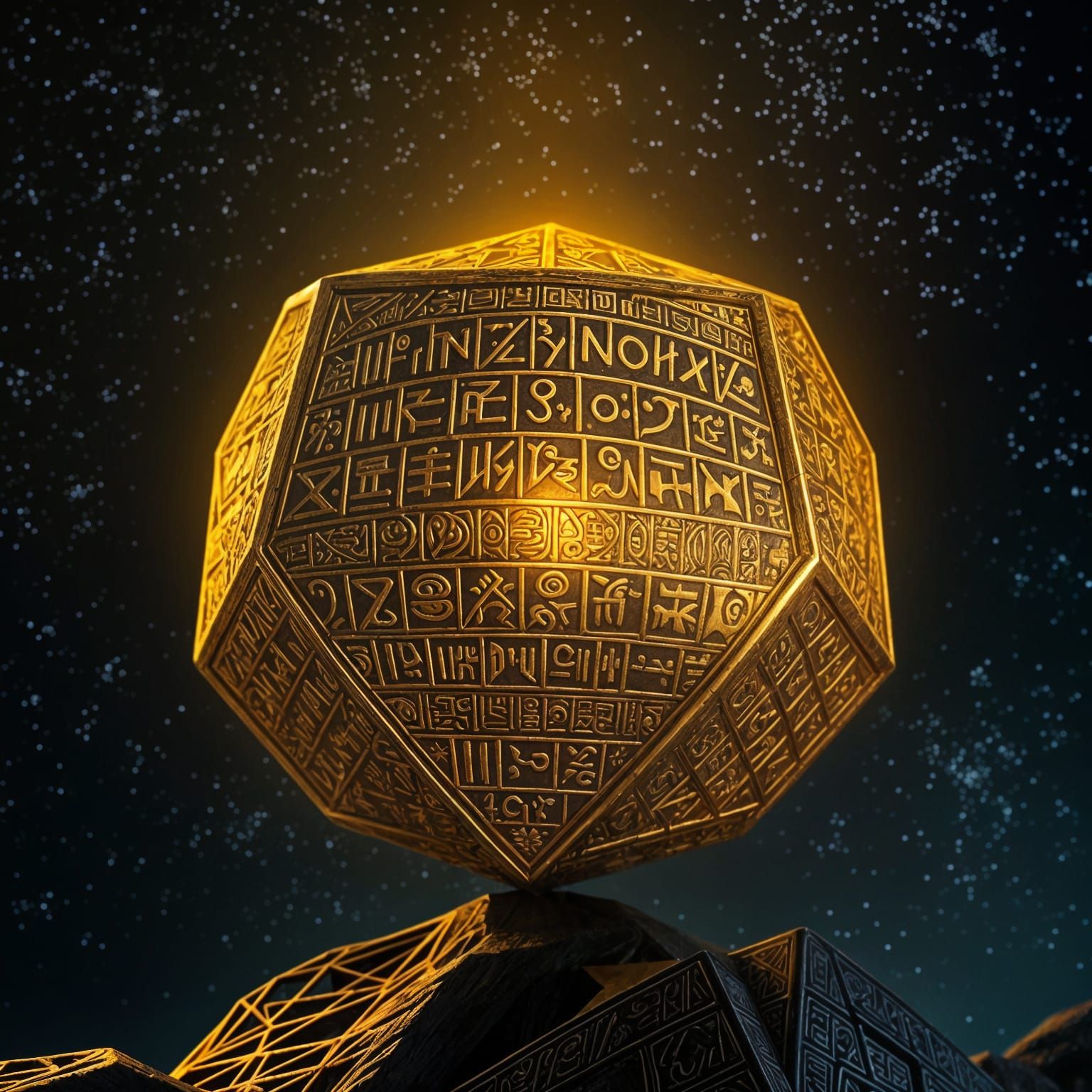 Golden Mystic Octahedron Illuminates Starry Night Sky