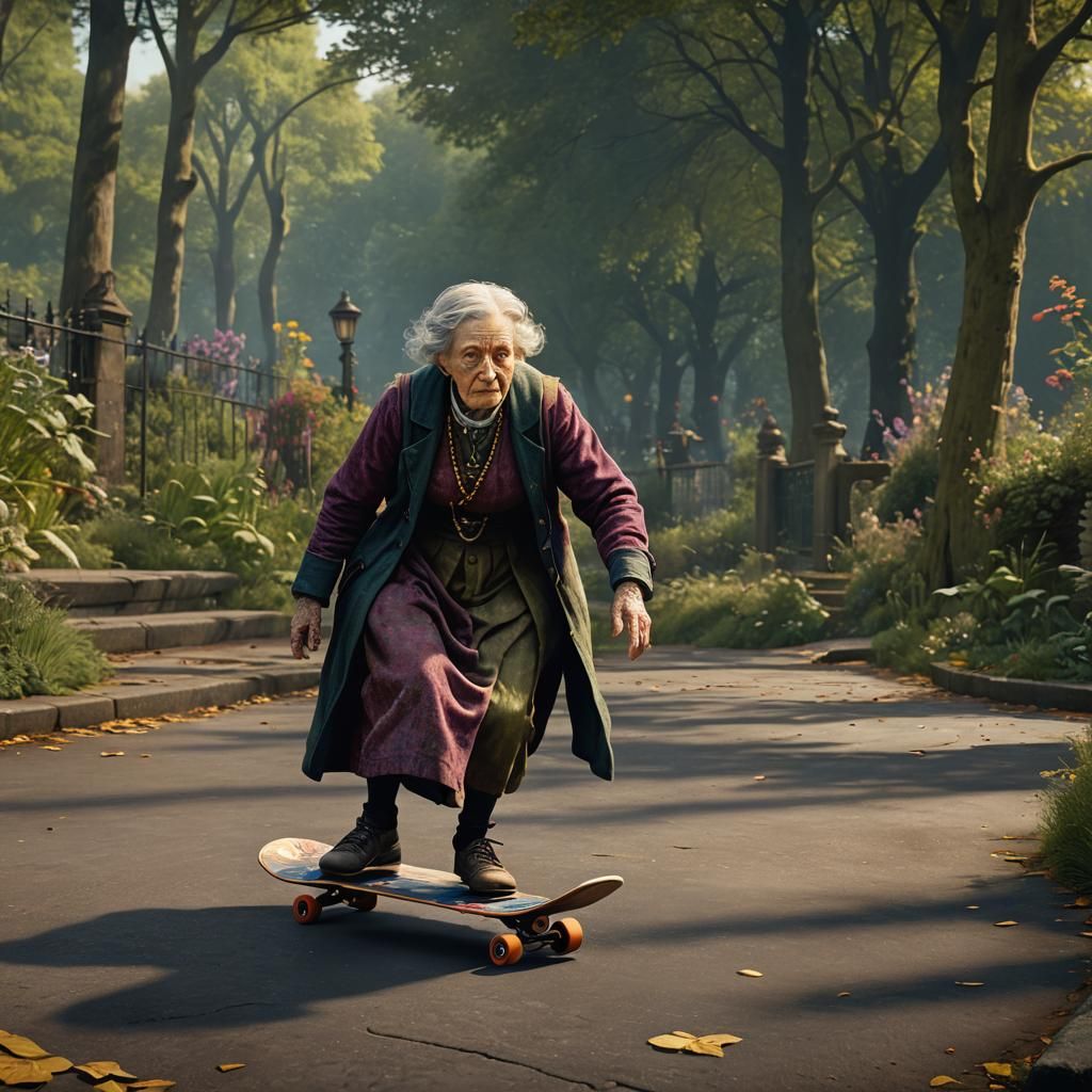 Old Lady Skateboarding: Detailed Matte Painting