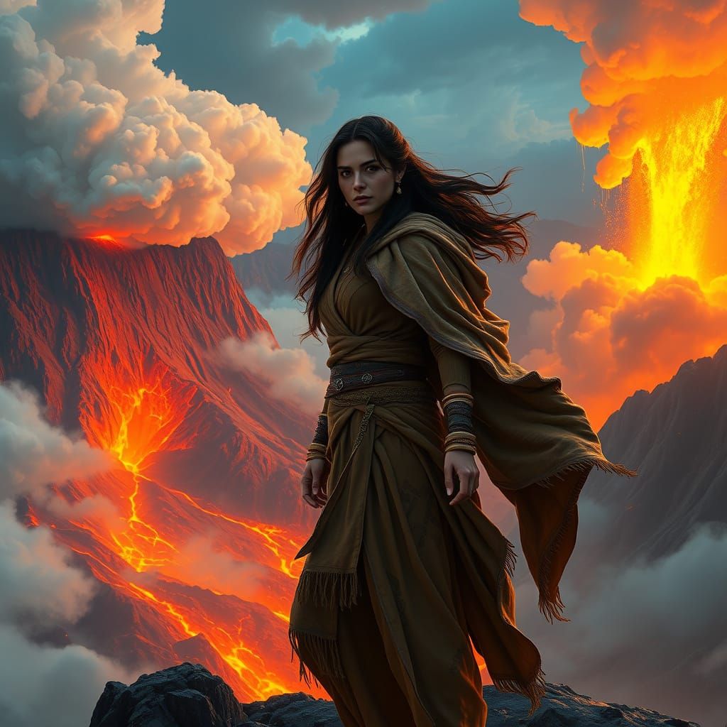 Woman Approaches Ancient Volcano in Earth-Toned Robes