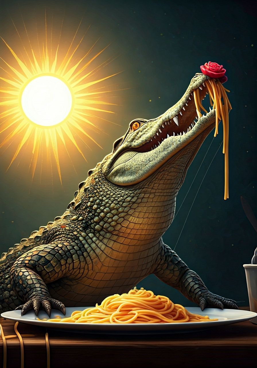 Crocodile Eating Spaghetti in Spiderweb Art Style