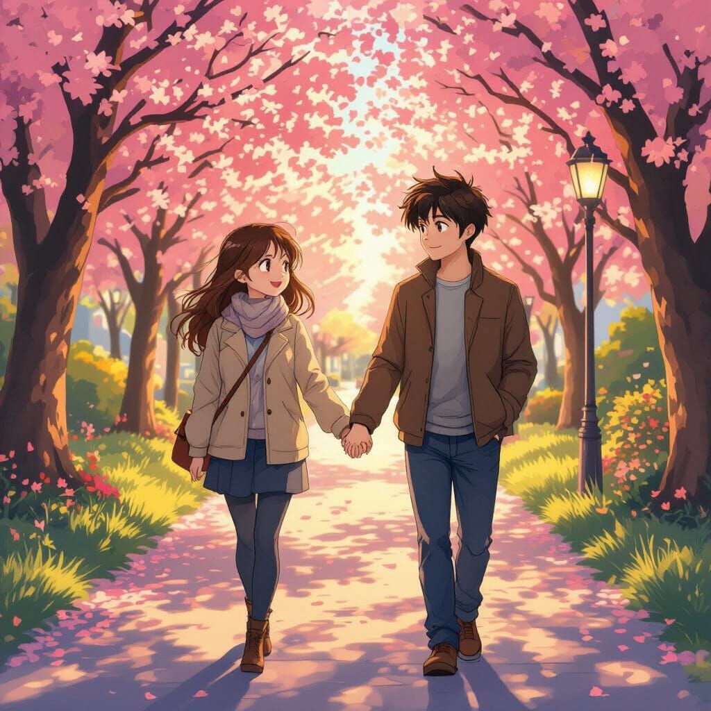 Anime Couple's Romantic Stroll in Cherry Blossom Park