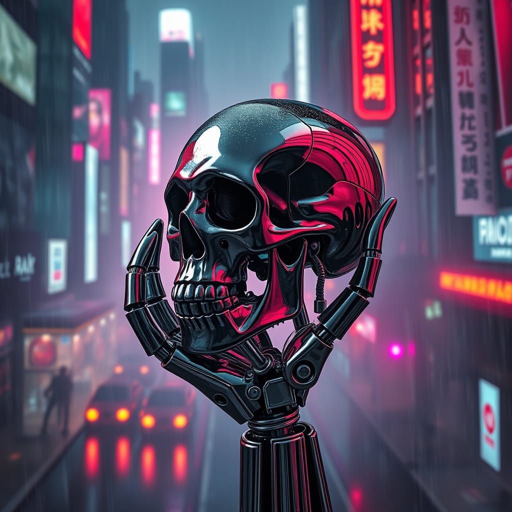 Cyberpunk Chrome Skull in Futuristic Robotic Hand