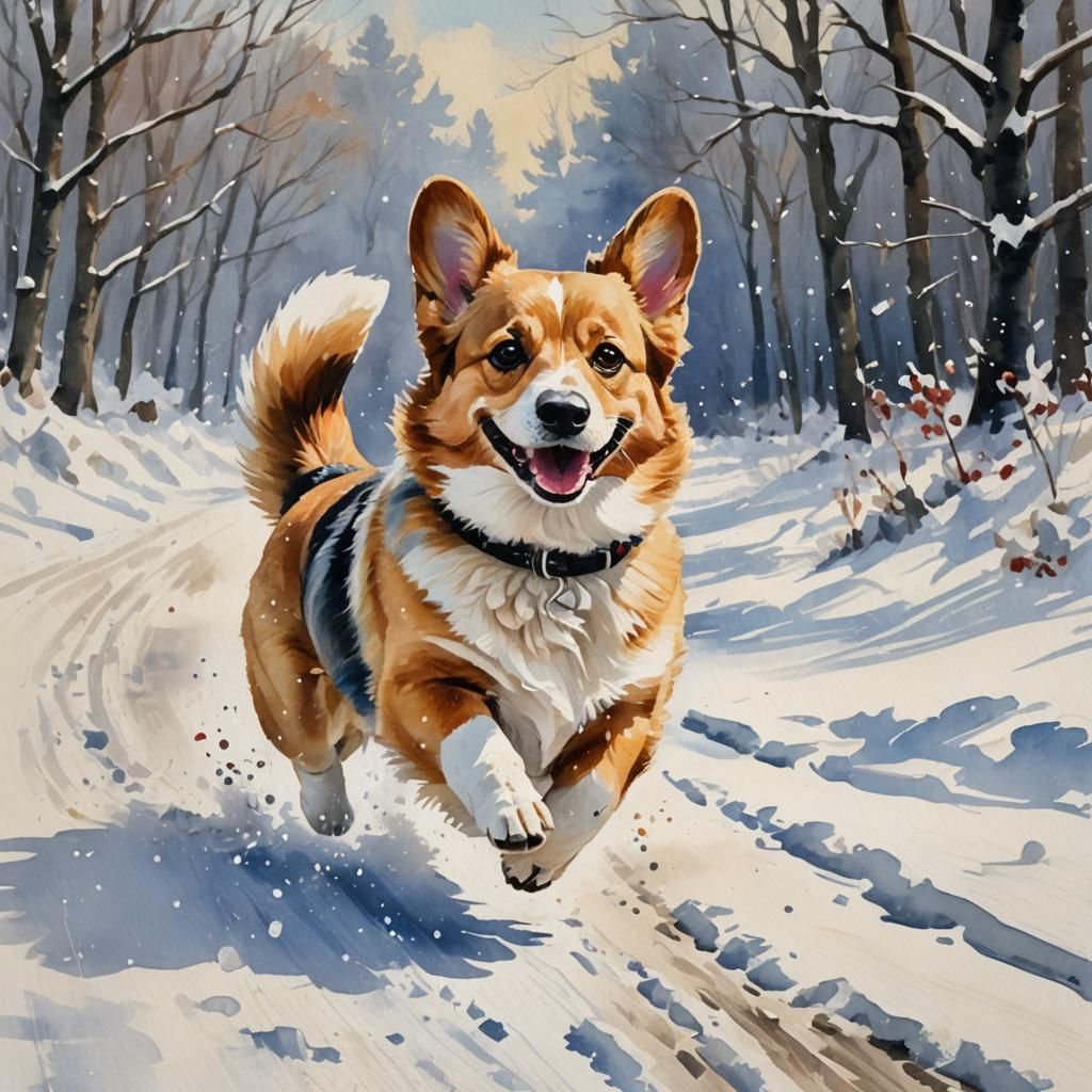 Welsh Corgi in Snow, Gouache Impressionist Style