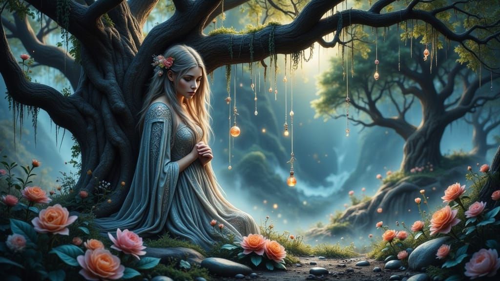 Celestial Nymph Protects Oak Tree in Ethereal Light