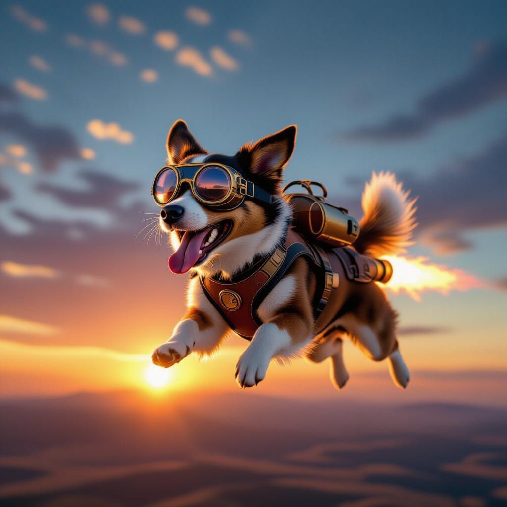 Steampunk Rocket Dog Soaring Toward Sunset