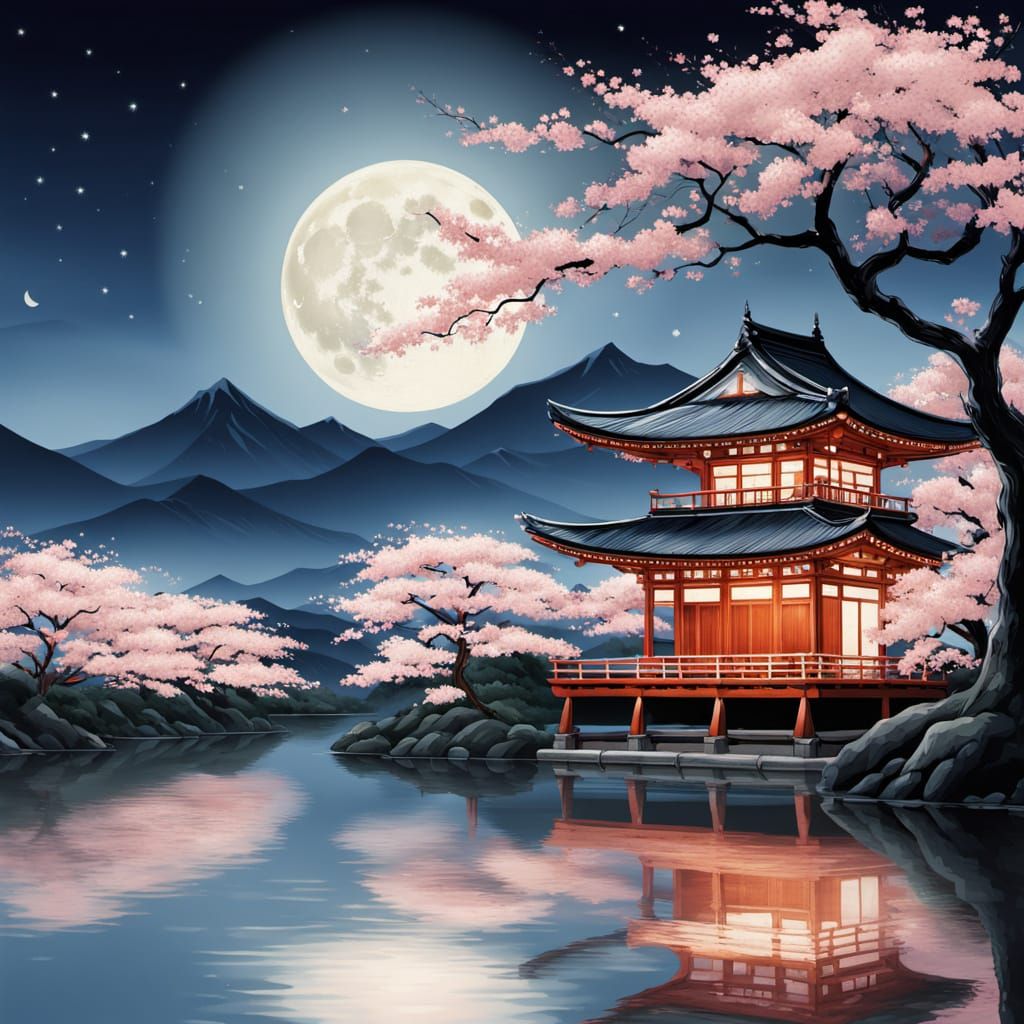 Elegant Woman in Traditional Japanese Attire Under Moonlight