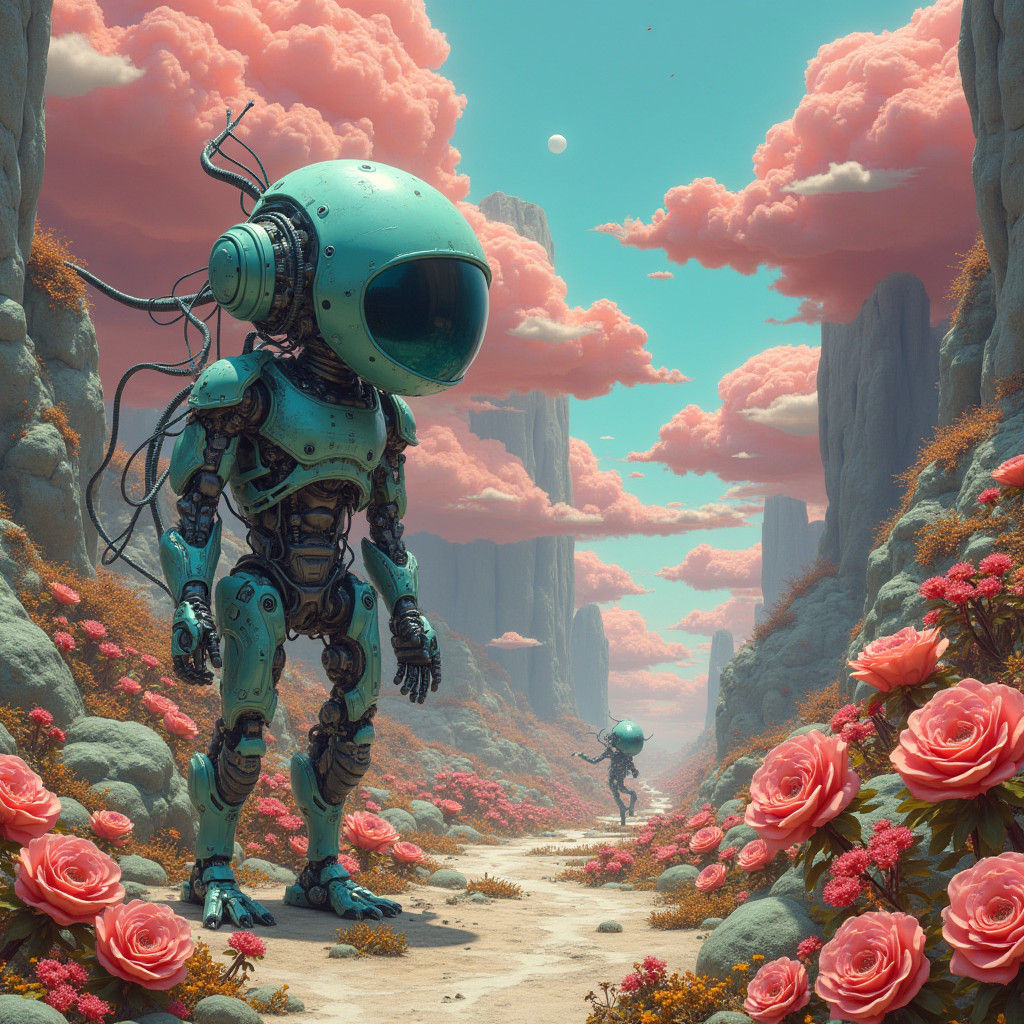 Surreal Futuristic Landscape with Cyborgs in Dreamlike Scene