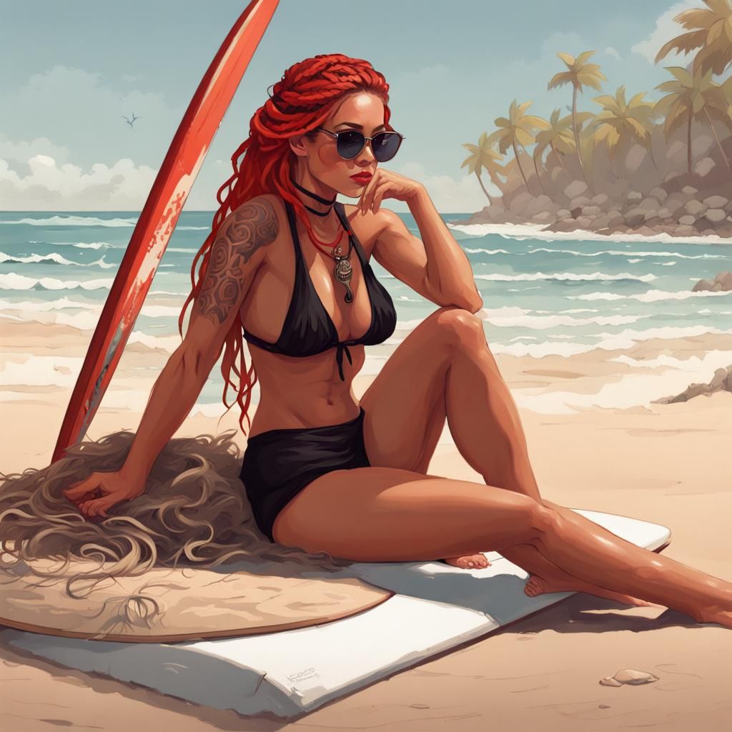 Mystic Girl with Surfboard on Sandy Beach