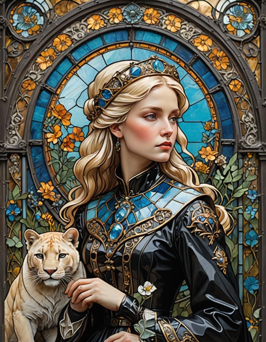 Enameled Stained Glass: Nordic Woman and Panthers