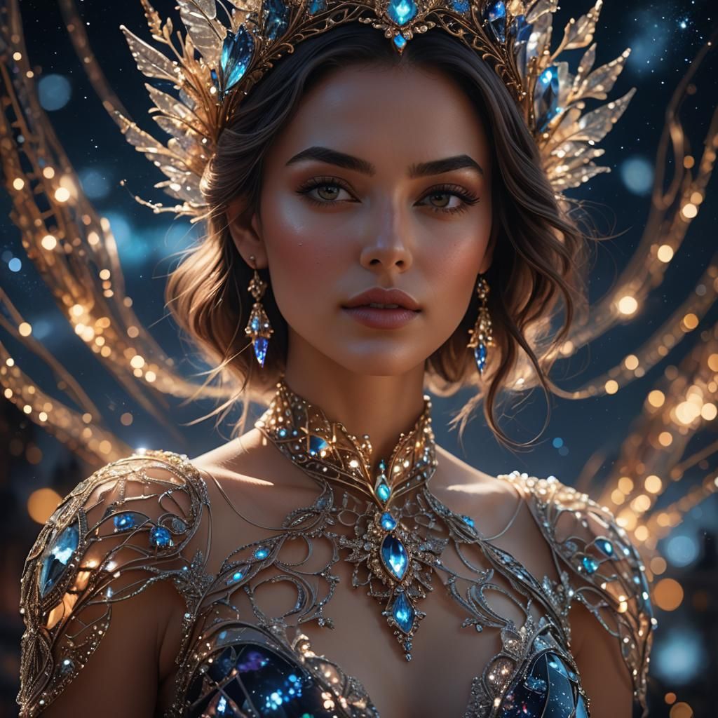 Woman in Glass Dress Against Night Sky