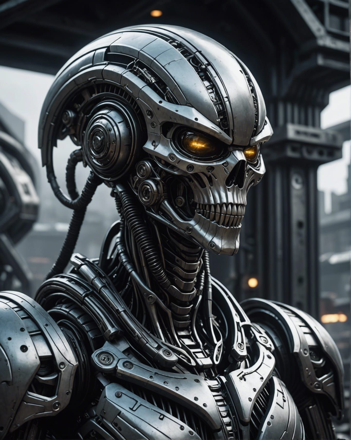 Biomechanical Warrior in Dystopian Alien Landscape