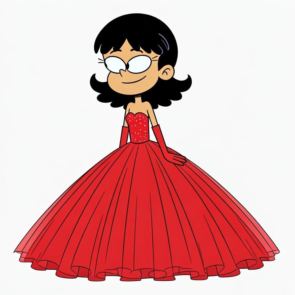 The Loud House Cartoon Style: 12 year old skinny Stella Zhau with black hair wearing a long large wide floor length red ...