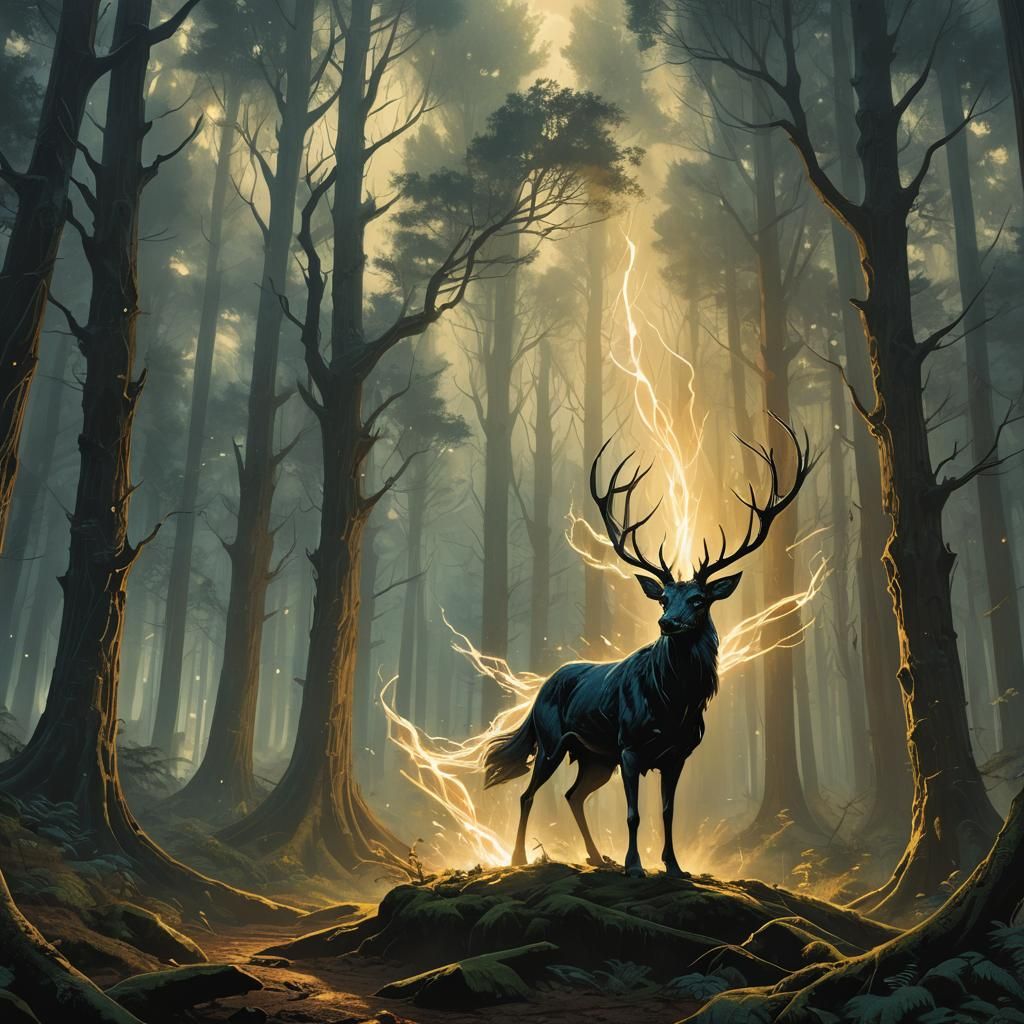 Harry Potter Conjuring Patronus in Mystical Forest