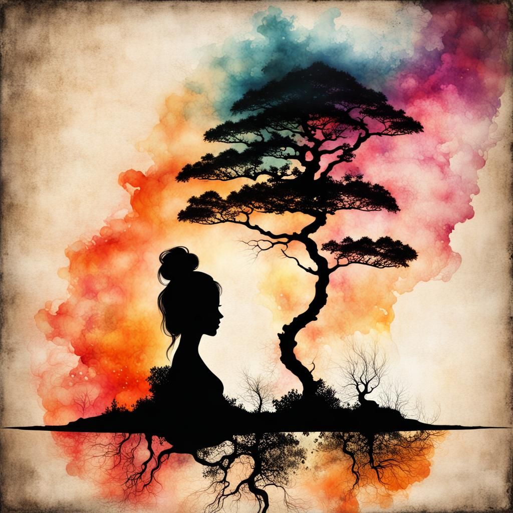 Flaming Woman Bonsai Silhouette in Watercolor Style