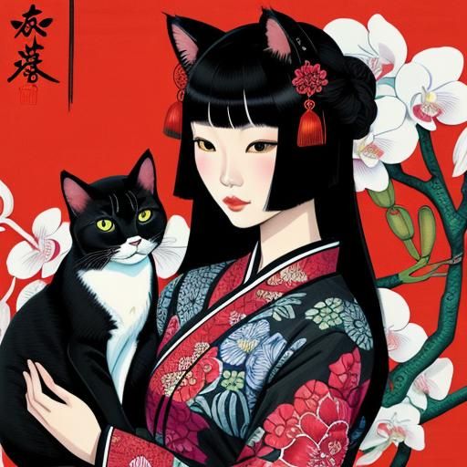Ukiyo-e Cat and Girl with Orchids in Vivid Colors