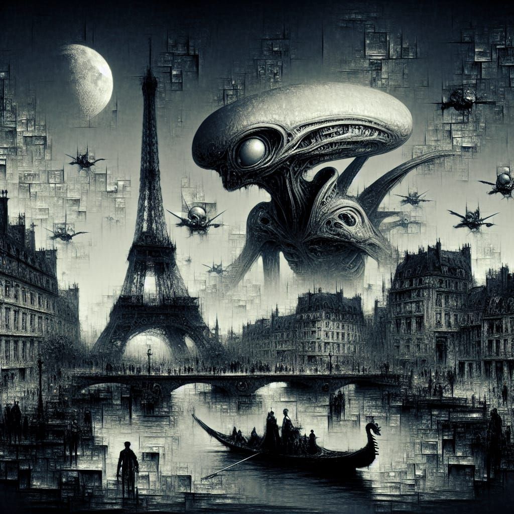 Surreal Paris Under Alien Siege in Gothic Romanticism Style