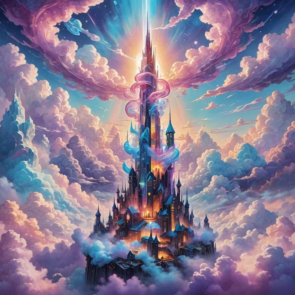 Futuristic Glass Tower in City of Clouds