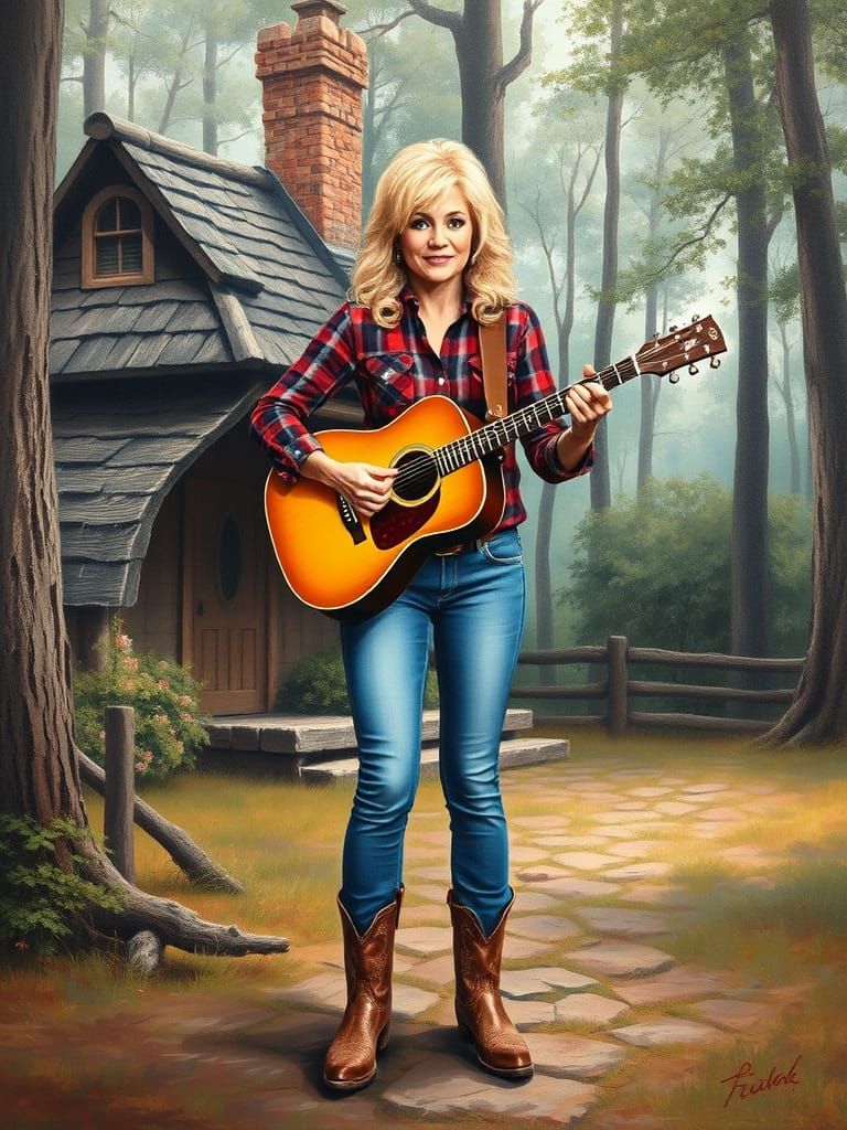 Dolly Parton Plays Guitar in Oil Painting