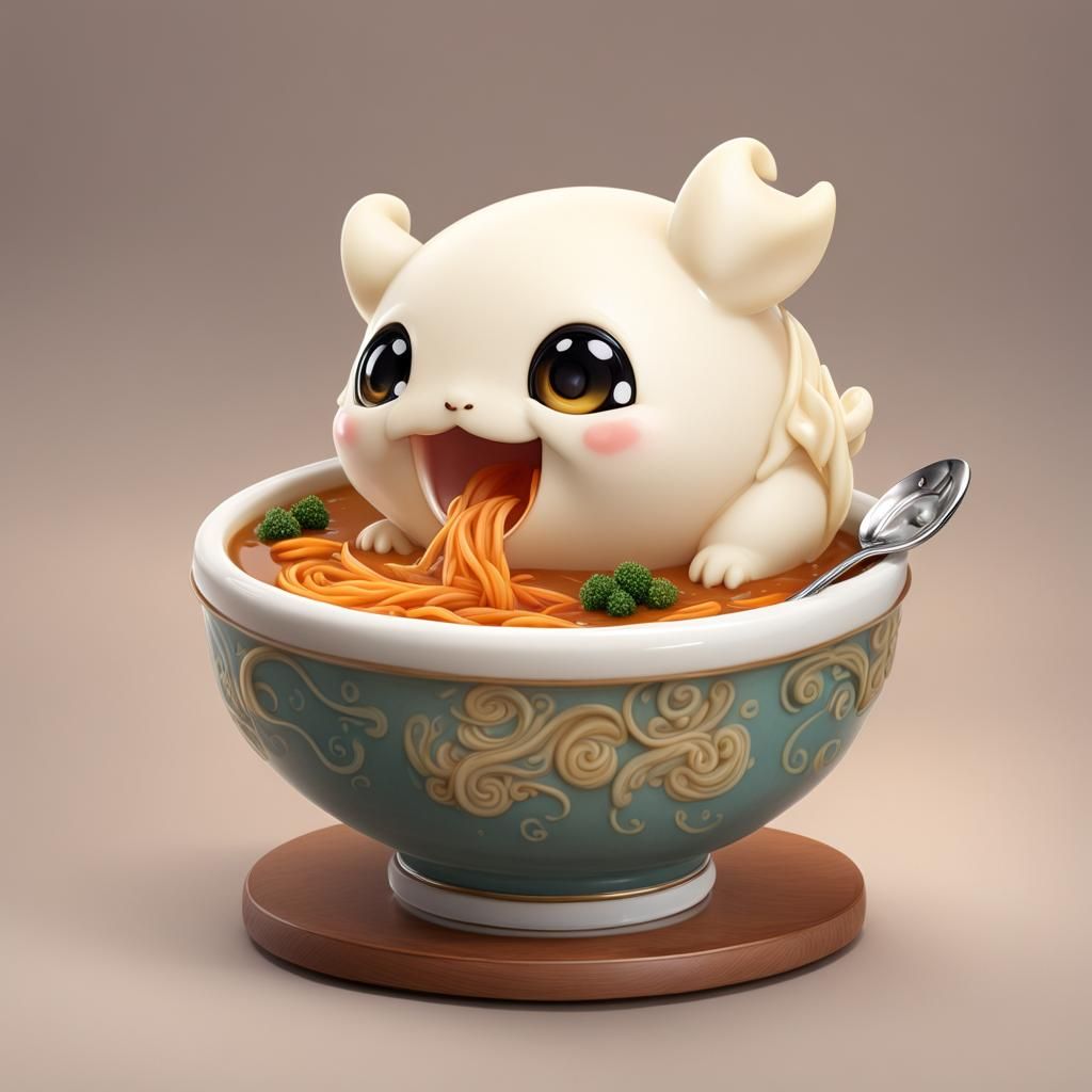 Insanely cute anthropomorphic dumpling in a bowl of soup eating itself, cute chibi cannibal soup, maniacle laughter Hype...