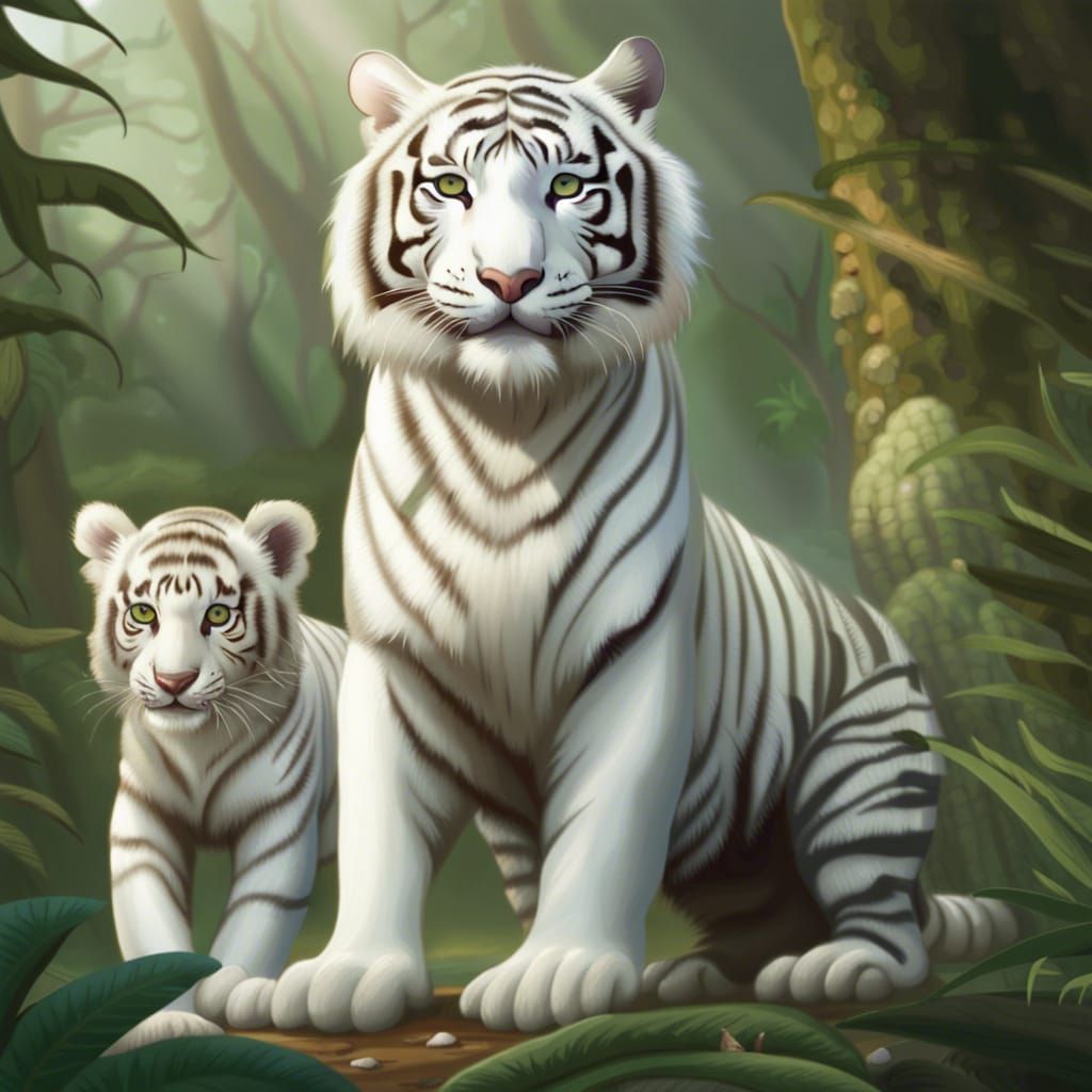 White Tiger and Cubs Playing in Jungle