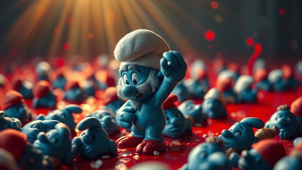 Smurf Horror Scene with Blood and Bodies