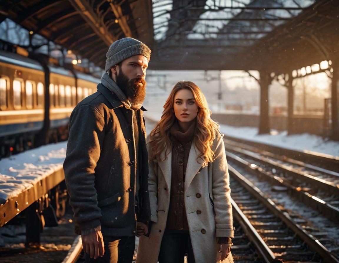 Romantic Couple at Snowy Railway Station in Photo-Realism