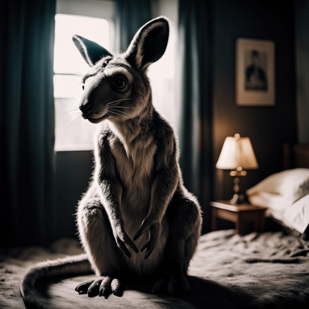 Gothic Horror Kangaroo in Moody Bedroom