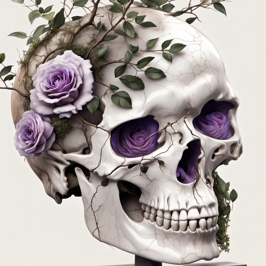 Marble Head with Rose Bush: Hyperrealistic CGI Art