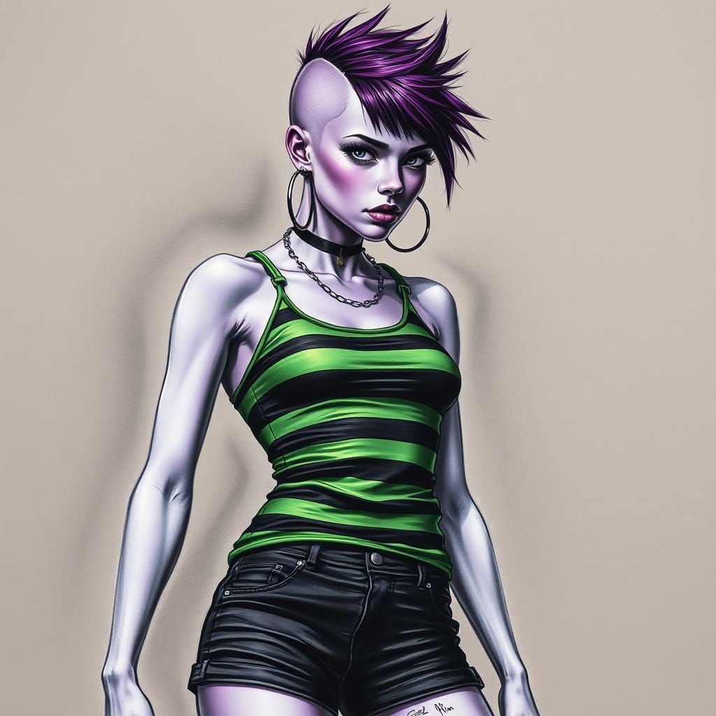 Punk Woman with Purple Skin and Shaved Head in Charcoal