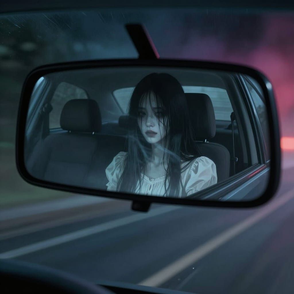 Ghostly Reflection in Car Rearview Mirror at Night