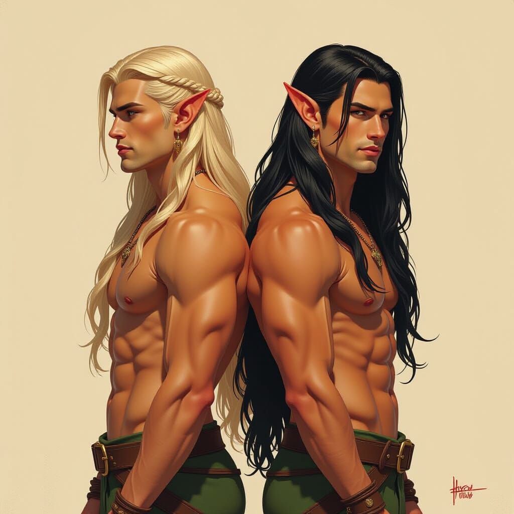 Elves Back to Back in Digital Art Style