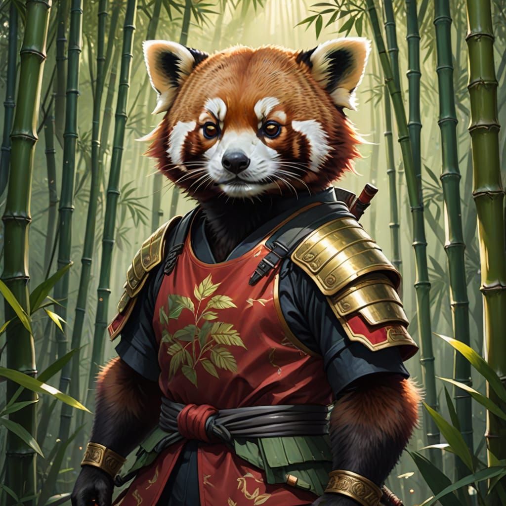 Adorable Red Panda in Samurai Armor, Japanese Ink Painting S...
