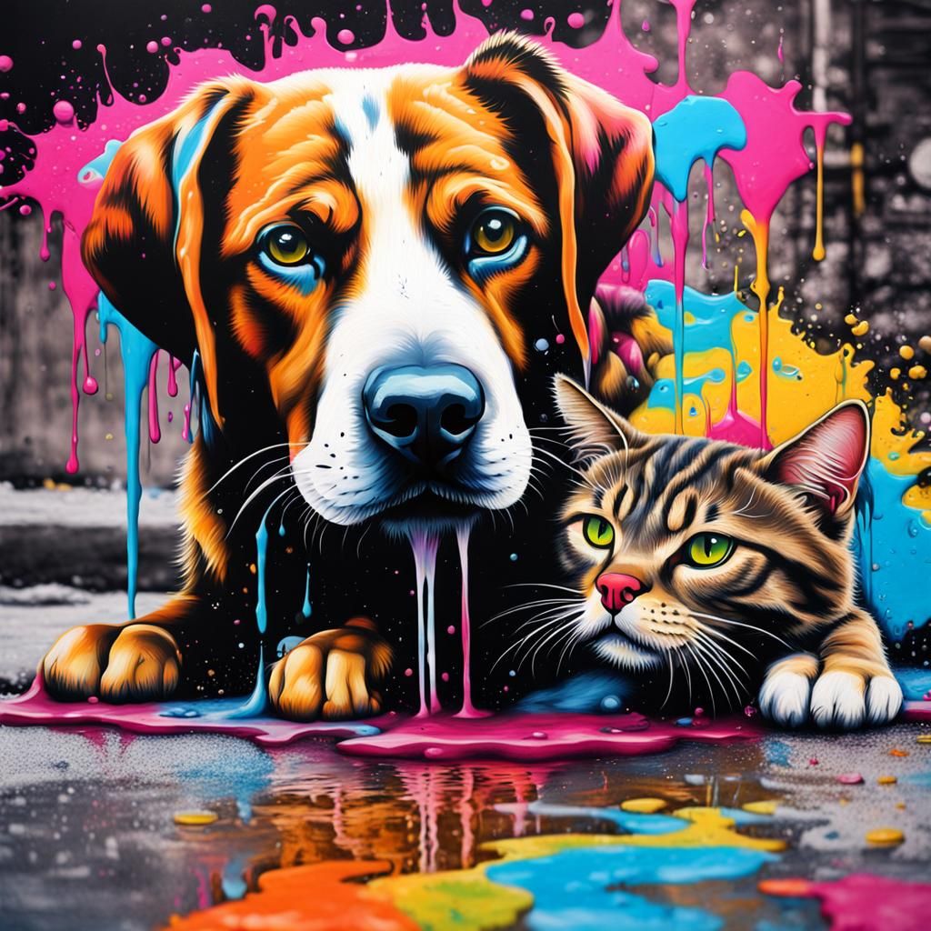 Dog and Cat in Graffiti Splash Art Style