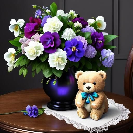 Charming Teddy Bear with Flowers Still Life