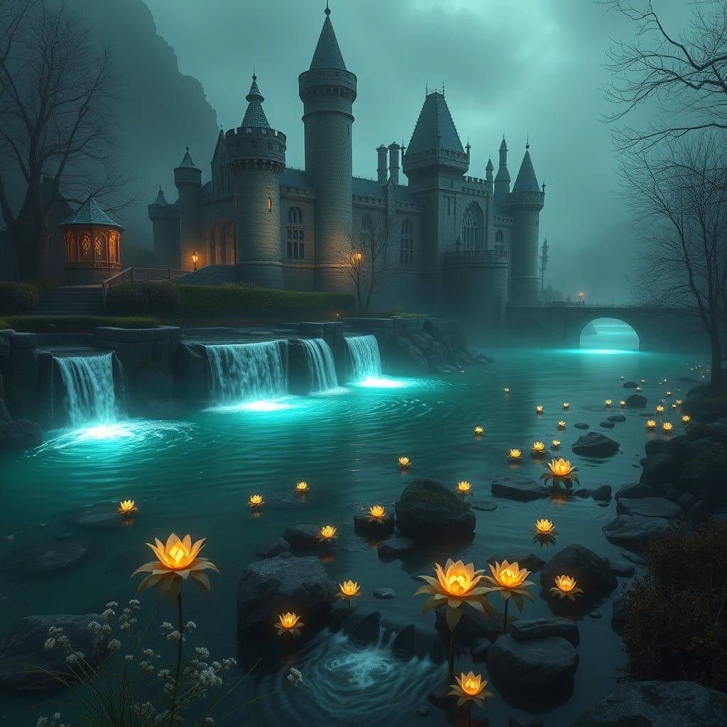 Enchanted Stone Castle Amidst Glowing Waters and Delicate Bl...
