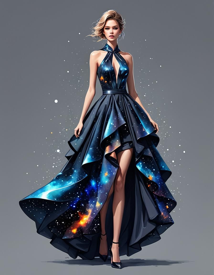"fashion design concept art : minimalistic Fashion design sketch of a Beautiful mesmerizing dress inspired by galactic n...