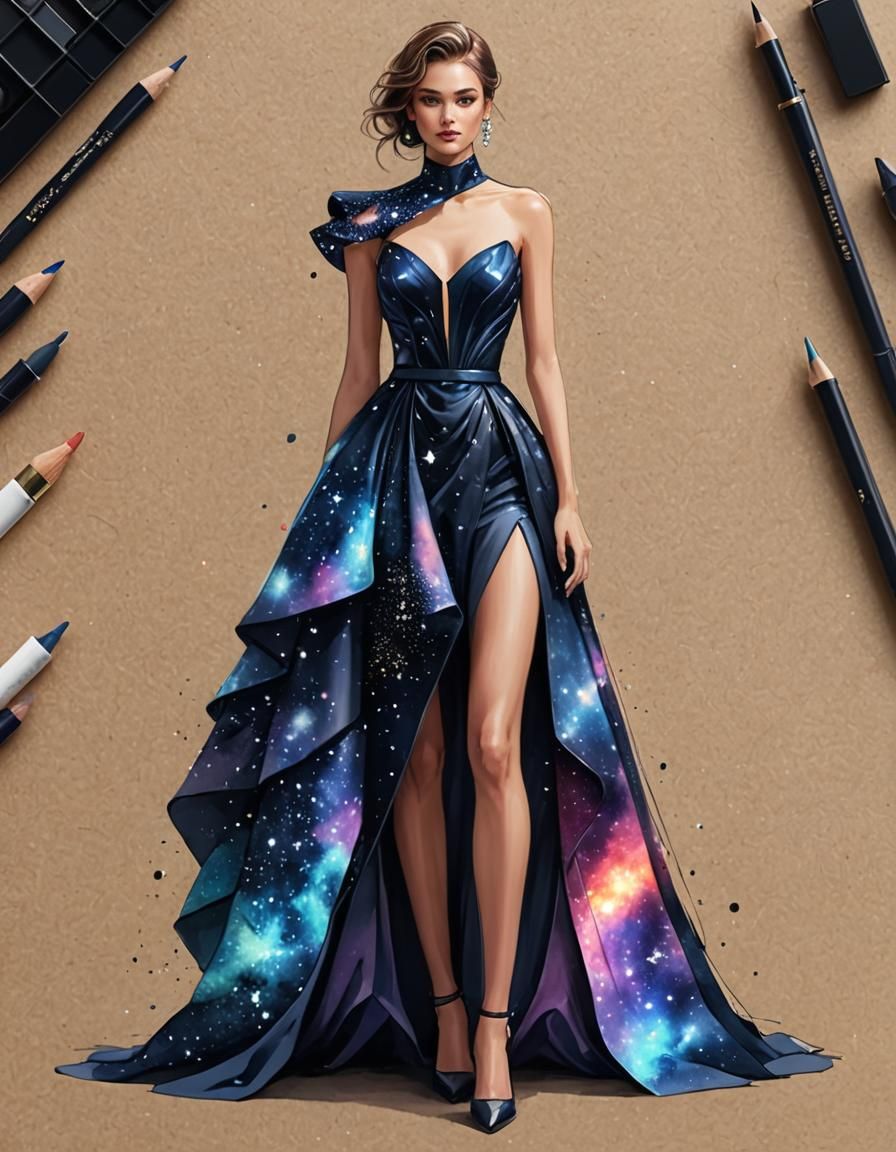"fashion design concept art : minimalistic Fashion design sketch of a Beautiful mesmerizing dress inspired by galactic n...