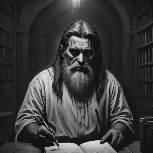 Monochrome Portrait of Wizard Reading in Library