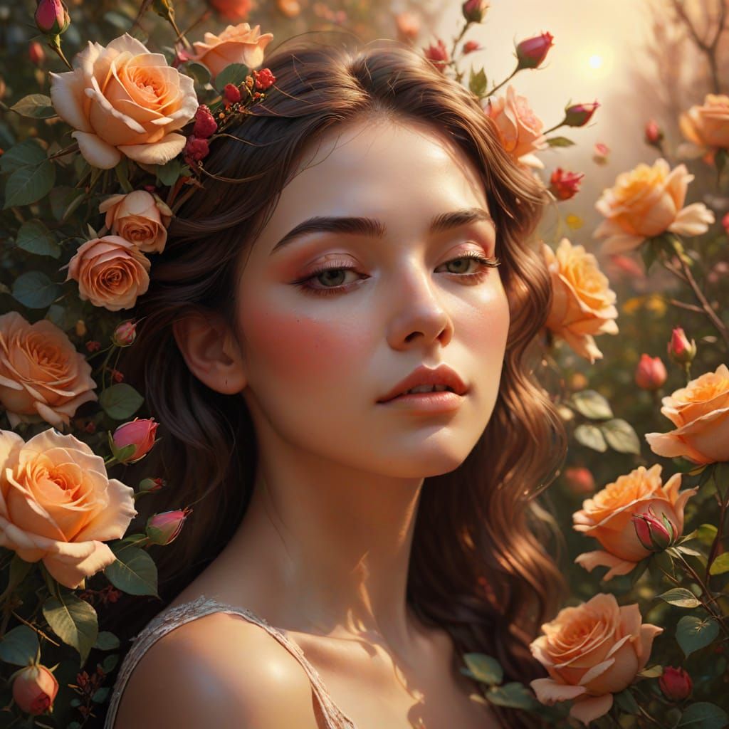 Ethereal Woman Adorned with Vibrant Roses